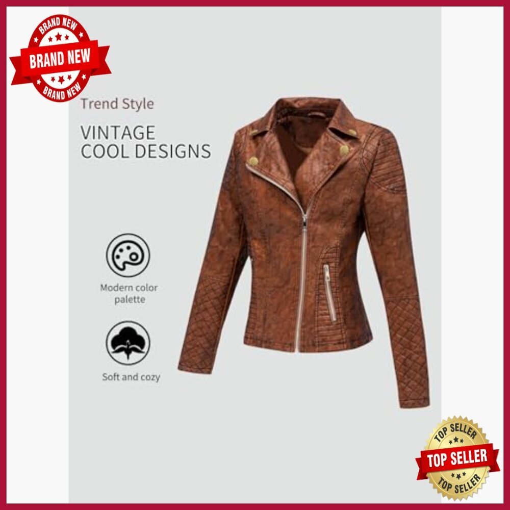 Faux Leather Motorcycle Jacket Slim Fit Long Sleeve Zipper Pockets - Picture 3 of 7